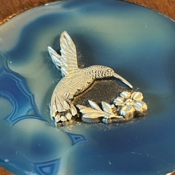 Vintage wooden trinket jewelry box with blue agate and hummingbird - Picture 3 of 5